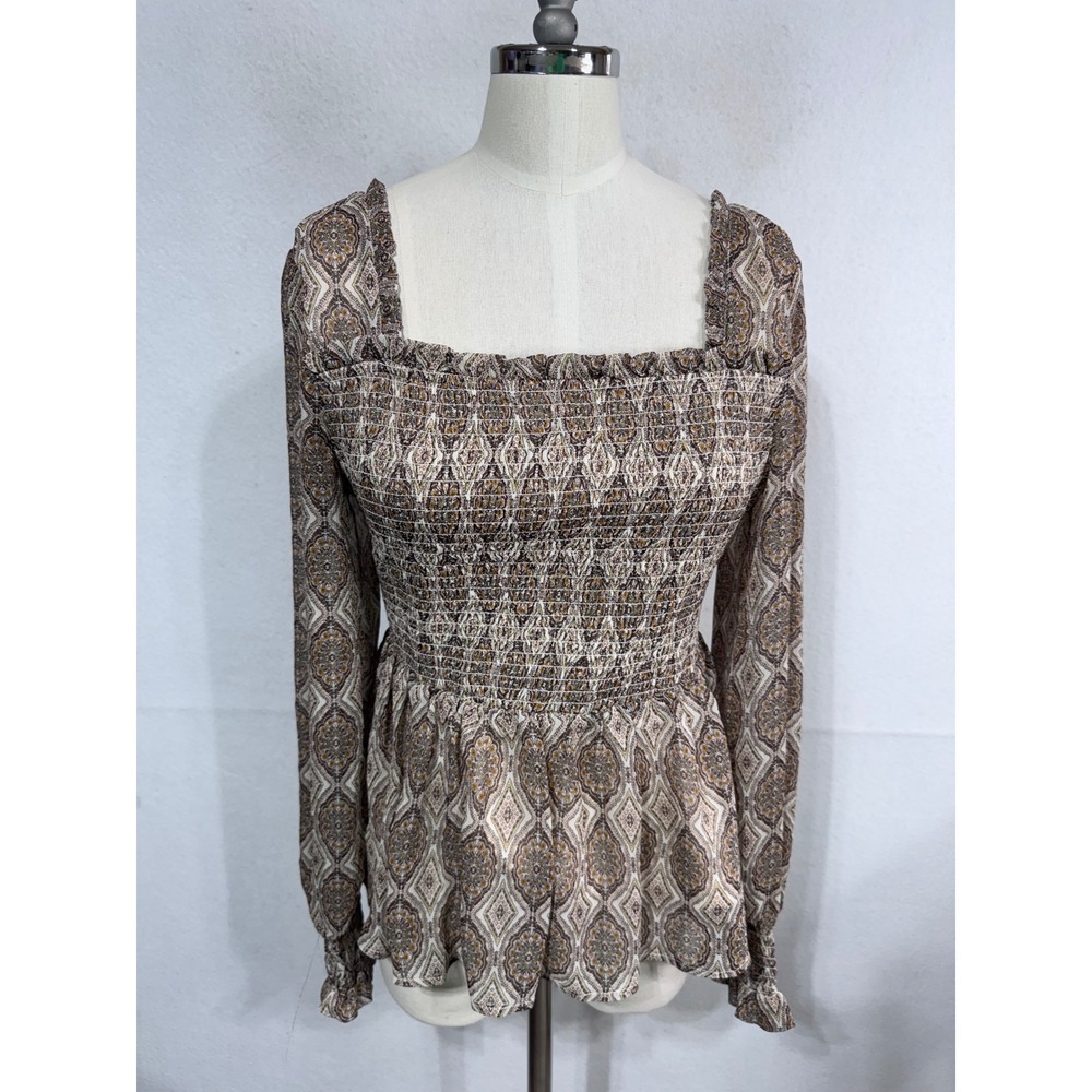 Women's Loom Smocked Peplum Blouse Boho Romantic Long Sleeve Size S New - Picture 8 of 9